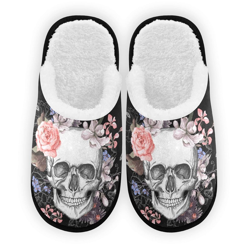 Umidedor Flower Skull Slippers For Women Girls, Soft Memory Foam Non-Slip Indoor House Slippers Home Shoes For Bedroom Hotel Travel Spa