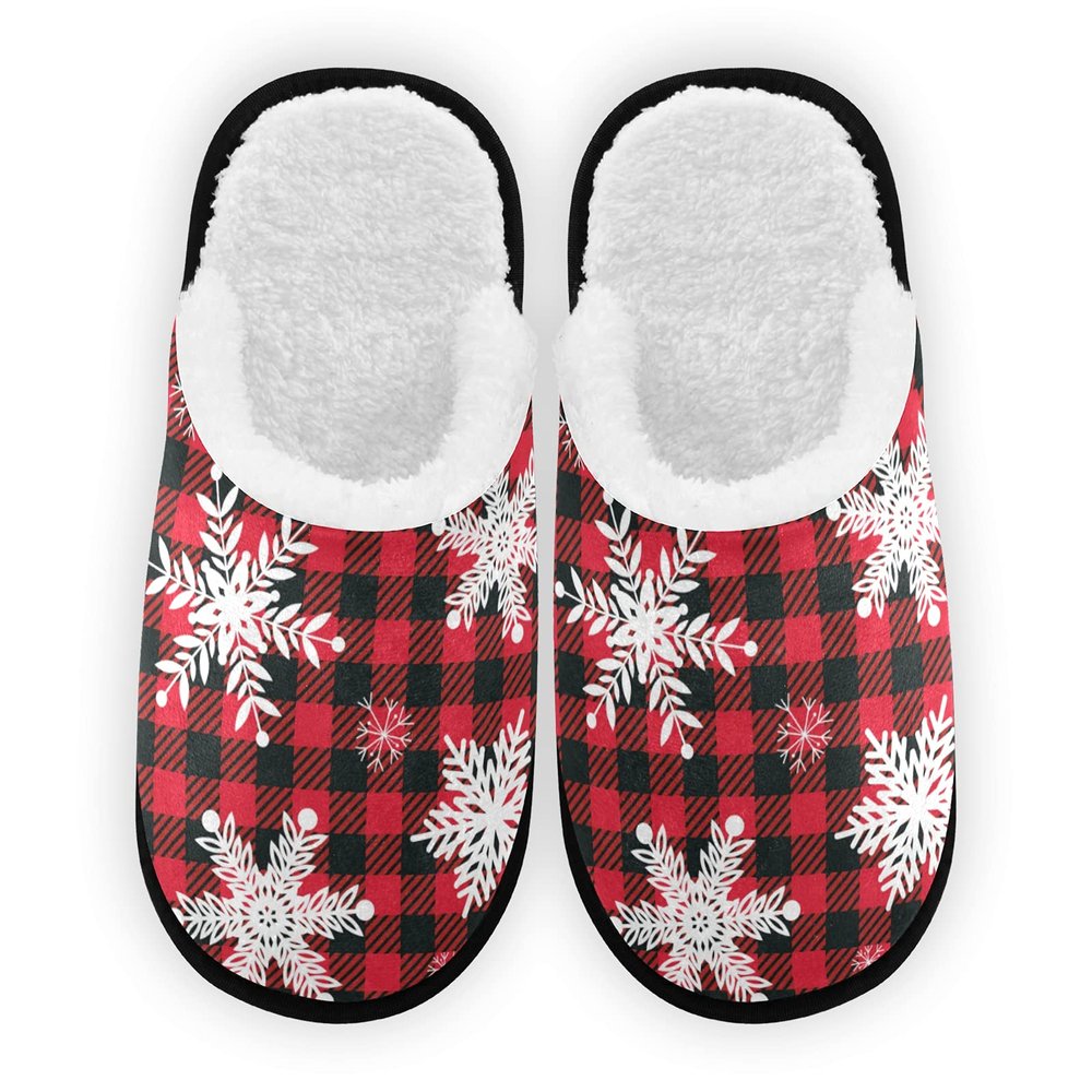 Umidedor Christmas Snowflakes Buffalo Plaid Slippers For Women Girls, Memory Foam Soft Non-Slip Indoor House Slippers Home Shoes For Bedroom Hotel Travel Spa
