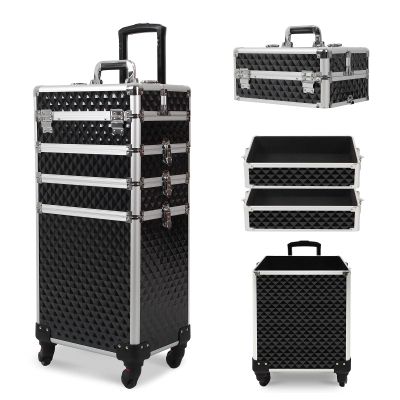 CAMORSA 4 in 1 Professional Makeup Train Cases Large Storage Cosmetic Case 4 Wheels Lockable Rolling Makeup Trolley Diamond Surface (BLACK)