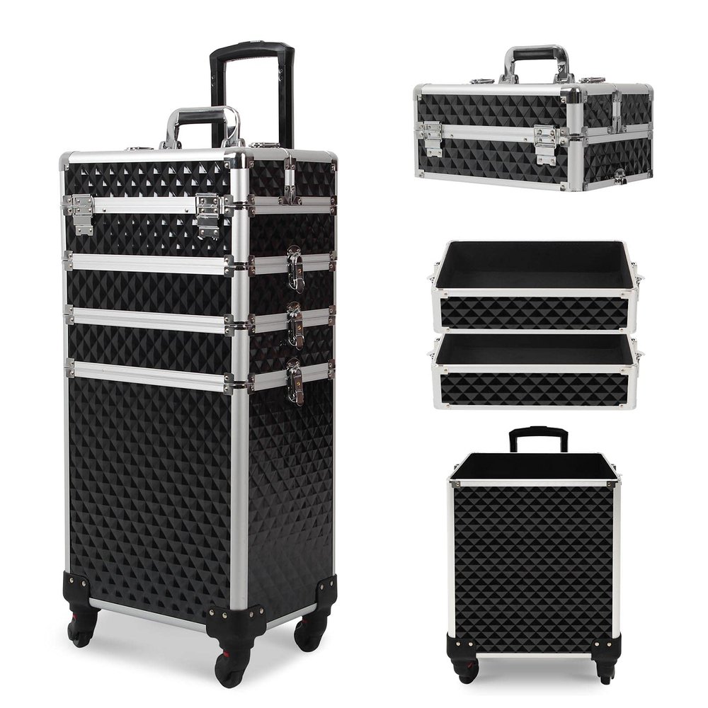 CAMORSA 4 in 1 Professional Makeup Train Cases Large Storage Cosmetic Case 4 Wheels Lockable Rolling Makeup Trolley Diamond Surface (BLACK)