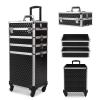 CAMORSA 4 in 1 Professional Makeup Train Cases Large Storage Cosmetic Case 4 Wheels Lockable Rolling Makeup Trolley Diamond Surface (BLACK) view 1
