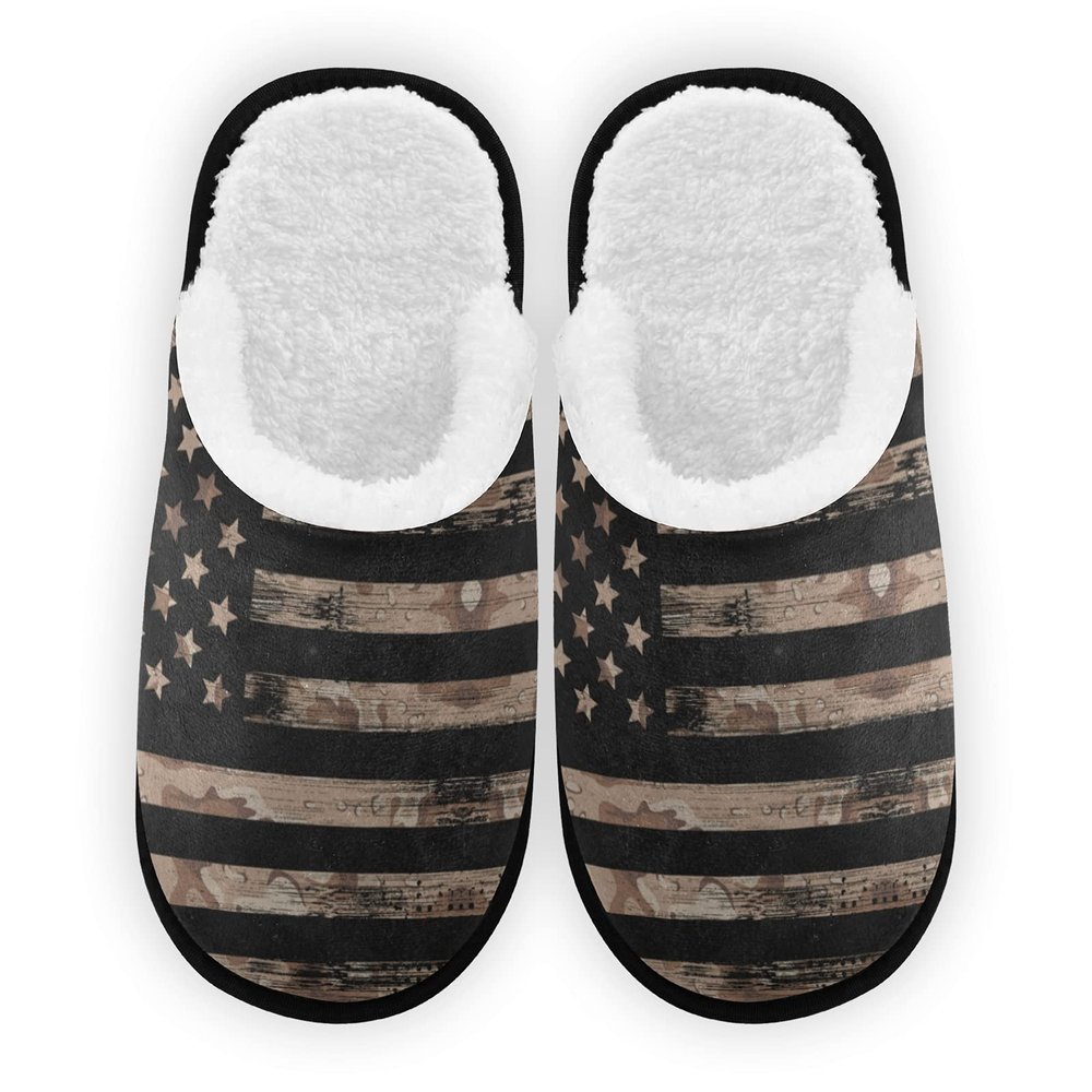 Umidedor Vintage Brown American Flag Mens Slippers, Soft Memory Foam Non-Slip Indoor House Slippers Home Shoes for Bedroom Hotel Travel Spa