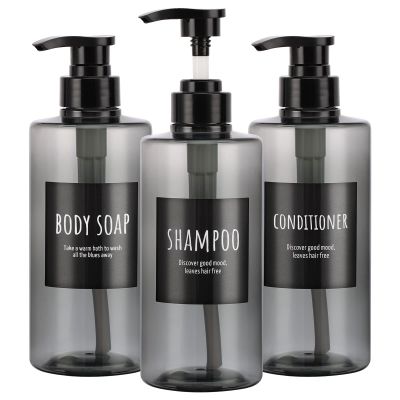 Refillable Shampoo Bottles, Segbeauty 16.9oz Shampoo Dispenser, 3pcs 500ml Empty Plastic Pump Bottle for Shower, Labeled Grey Large PET Lotion Dispenser with Pump Body Soap Conditioner Hotel Bathroom