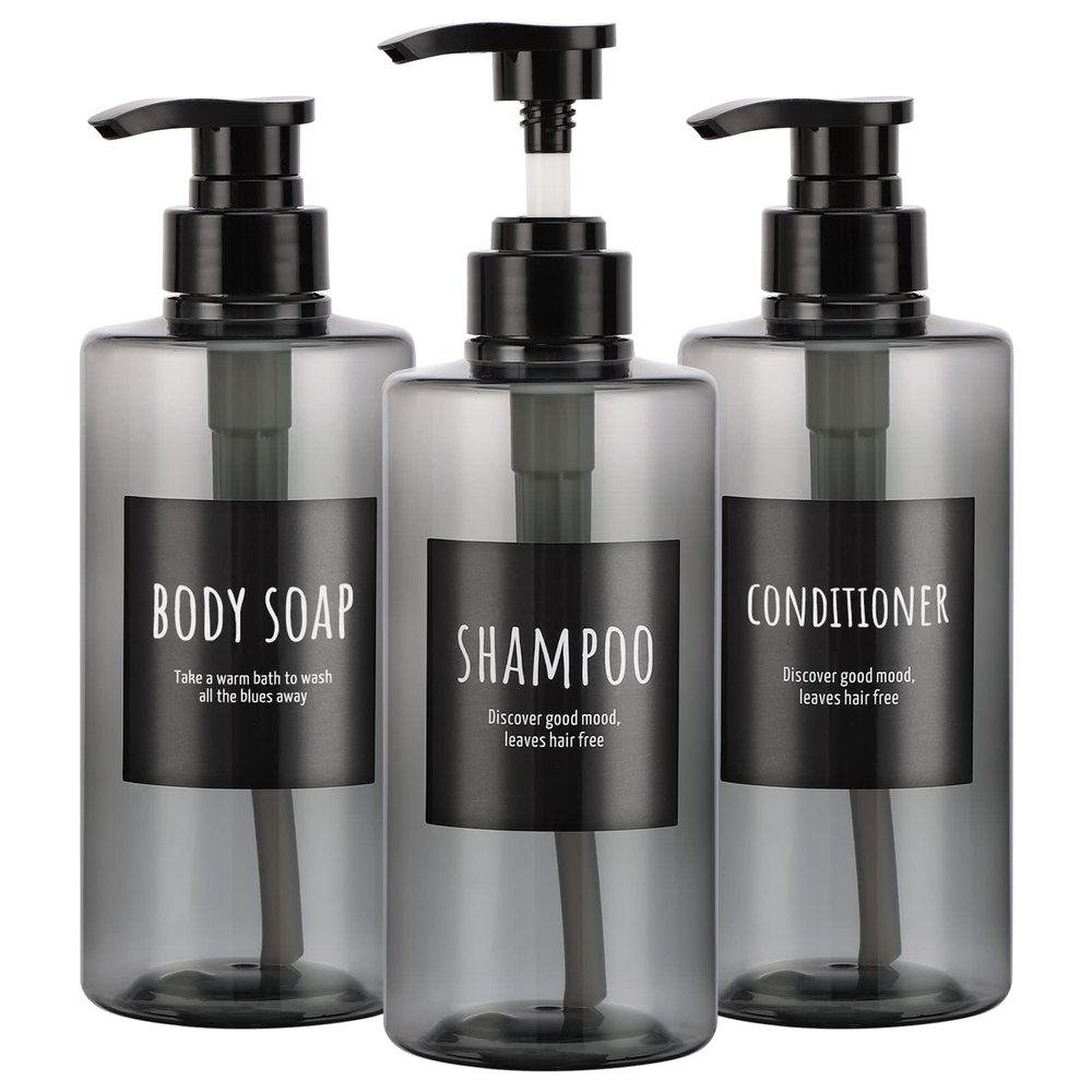 Refillable Shampoo Bottles, Segbeauty 16.9oz Shampoo Dispenser, 3pcs 500ml Empty Plastic Pump Bottle for Shower, Labeled Grey Large PET Lotion Dispenser with Pump Body Soap Conditioner Hotel Bathroom