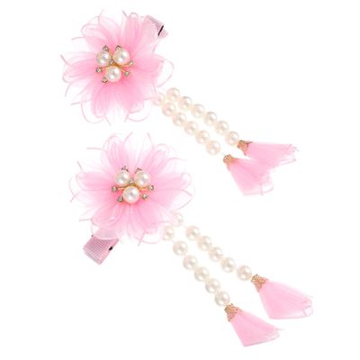 2Pcs Flower Hair Clips Pearl Tassel Floral Hair Pins Barrettes Hair Accessories for Girls Pink