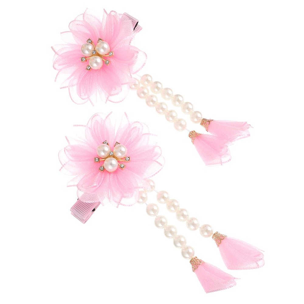 2Pcs Flower Hair Clips Pearl Tassel Floral Hair Pins Barrettes Hair Accessories for Girls Pink