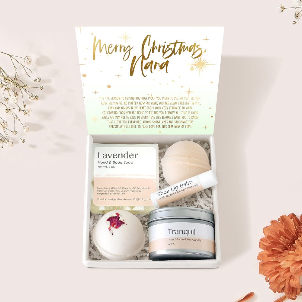 Dear Ava Spa Gifts for Women - Organic Self Care luxury Anti Stress Relaxing Bath and Body Kit Set Basket Box for Her with Heartfelt Card - Christmas Gift for Nana