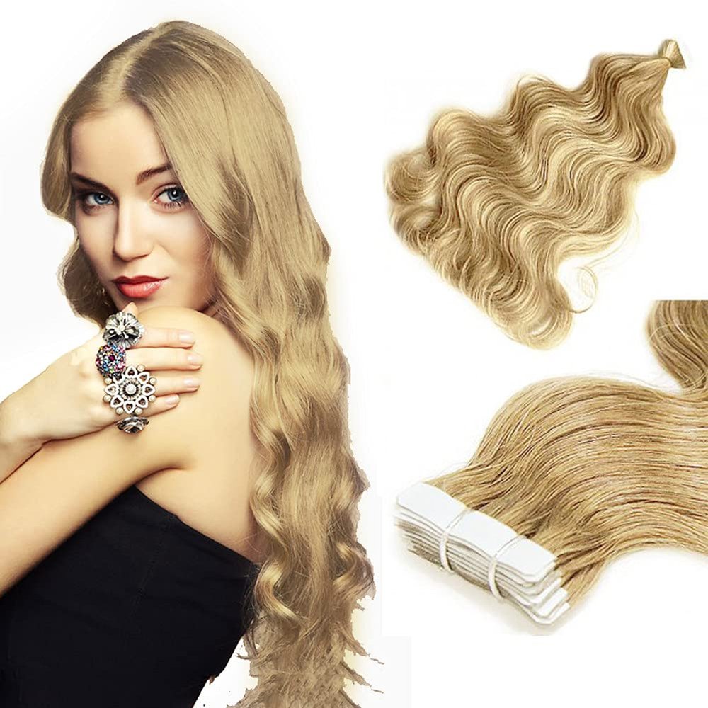 RemeeHi Tape in Hair Extensions Human Hair 50g/pack 20pcs 24 Inch Seamless Skin Weft Remy Wave Curly Hair with Brazilian Hair 27# Strawberry Blonde