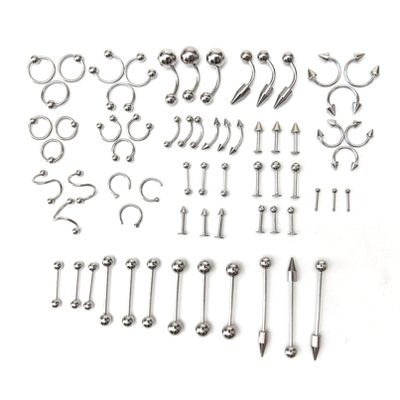 Botreelife 60Pcs Tongue Lip Nose Ring Body Jewelry Piercing Practical Kit Body Jewelry Piercing Tools,Silver