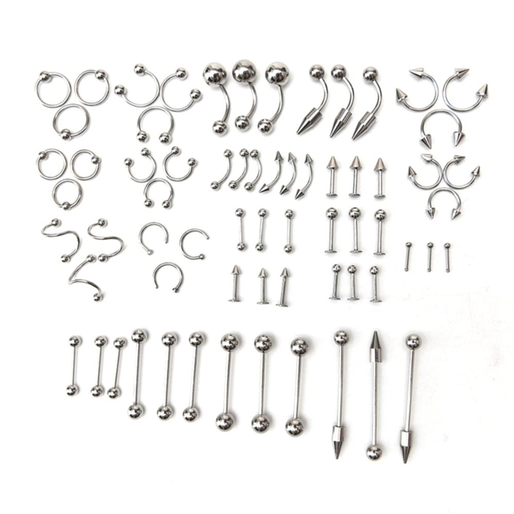 Botreelife 60Pcs Tongue Lip Nose Ring Body Jewelry Piercing Practical Kit Body Jewelry Piercing Tools,Silver