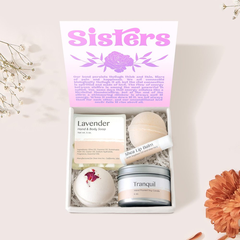 Dear Ava Spa Gifts for Women - Organic Self Care luxury Anti Stress Relaxing Bath and Body Kit Set Basket Box for Her with Heartfelt Card - Memorial Gift for Sister