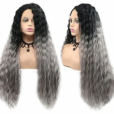 13x4 Synthetic Dark Grey Wig 26 Inch Colors Wigs Ombre Black Lace Front Wig Curly Highlight Frontal Cosplay Hair For Black Women
