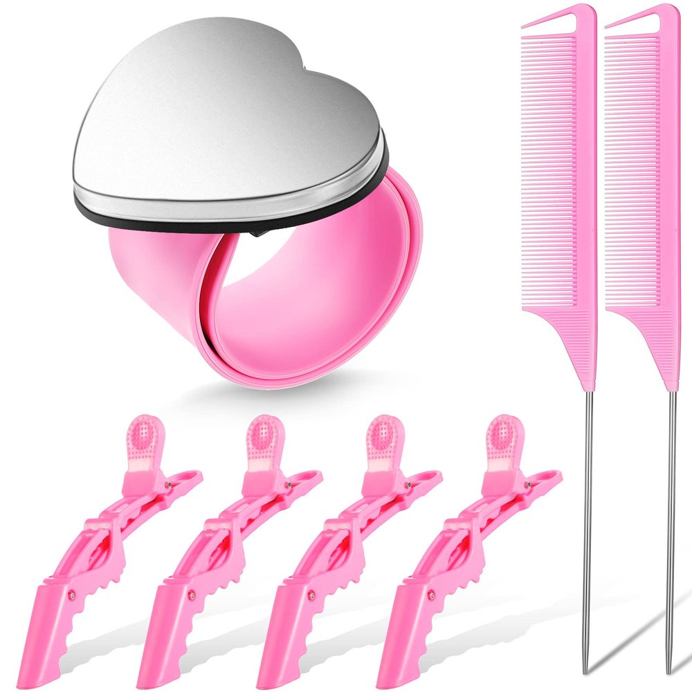 Nuenen Hair Braiding Tools 7 Pieces Set Including Magnetic Pin Wristband, Stainless Steel Rat Tail Combs, and Wide Teeth Alligator Sectioning Hair Clips (Pink)