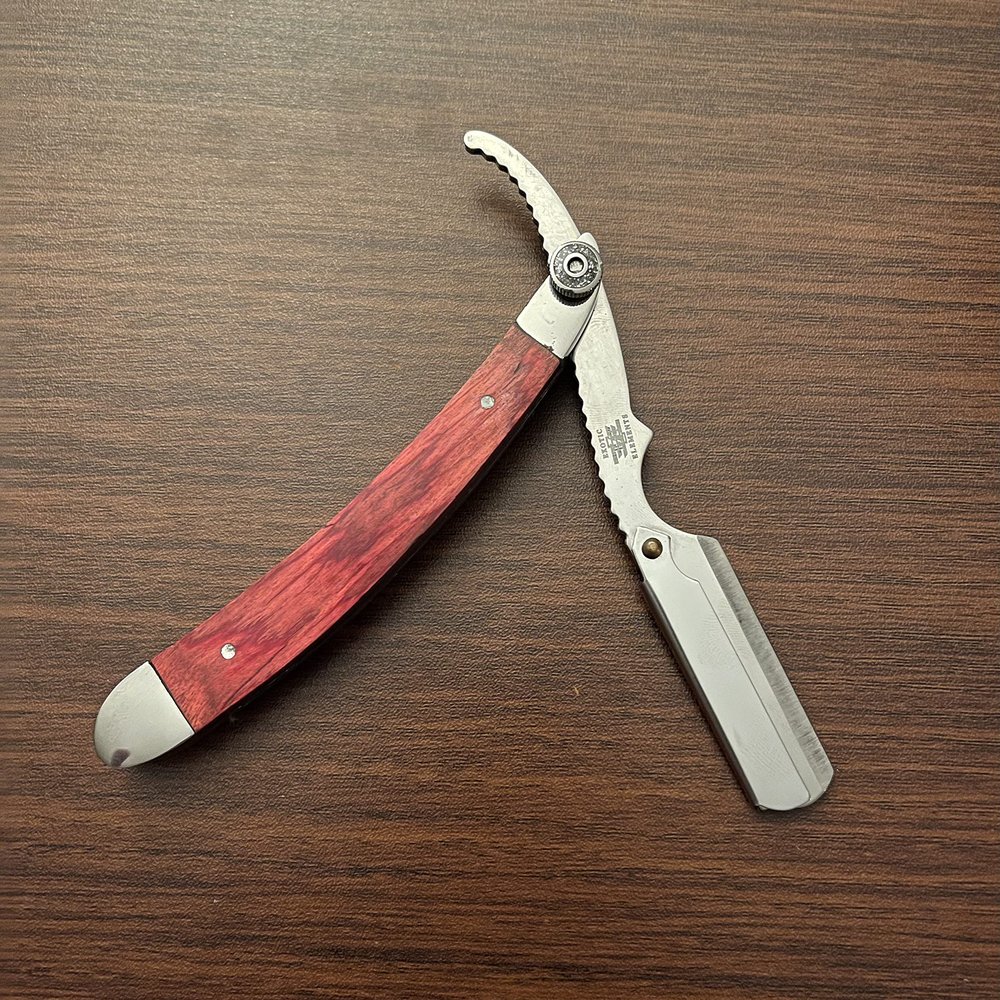 Barber Salon Mustache Hair Cutting Straight Edge Razor Red and Silver Wooden Stainless Steel