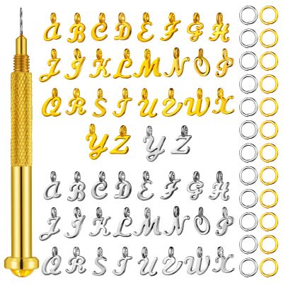 305 Pieces Dangle Nail Piercing Charms ABC Letter Set Alphabet Mini A-Z Letter Alphabet Charms Initial Pendant Jewelry Rings with Nail Piercing Tool Hand Drill for Tips (Silver, Gold)