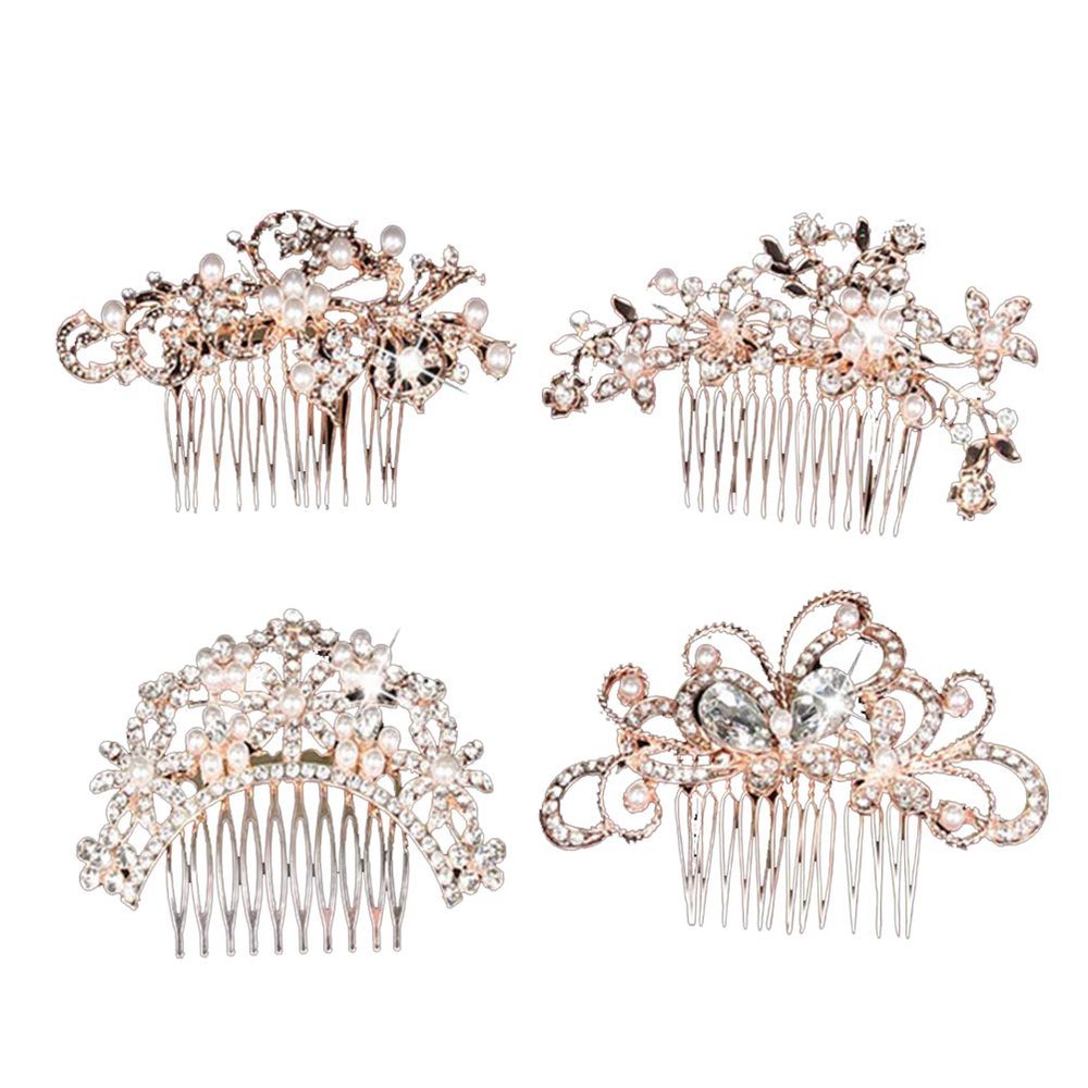4pcs Pearl Barrettes for Women Womens Barrettes for Hair Metal Hair Clips for Women Bridal Crystal Headpiece Decoration Pearl Tiara Comb Rhinestones Bride