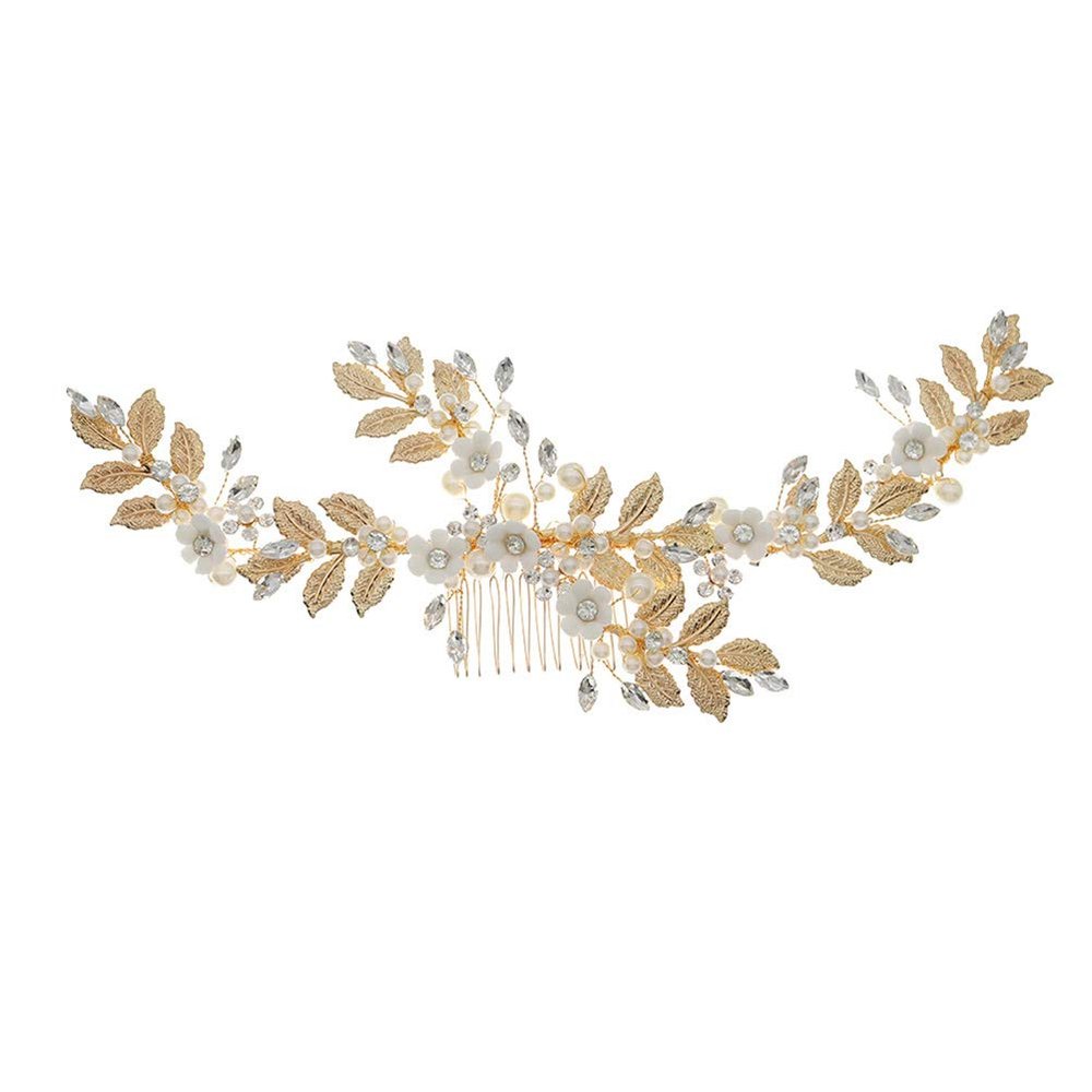 Beaupretty 1pc Elegant Wedding Hair Comb Pearls and Metal Leaves Handmade Floral Hairpin for Brides Comfortable and Stylish Hair Accessory for Special Occasions