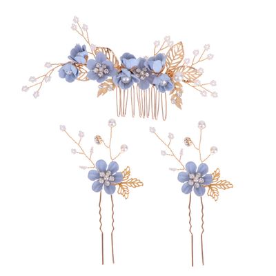 Beaupretty 3pcs Bridal Headdress Set Blue Simulation Flowers Elegant Hair Combs and Hairpins for Weddings Engagements and Special Occasions