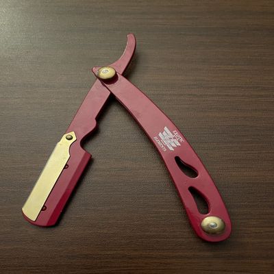 Red and Gold Cut Out Engraving Design Barber Straight Edge Razor Hair, Mustache, Eyebrows
