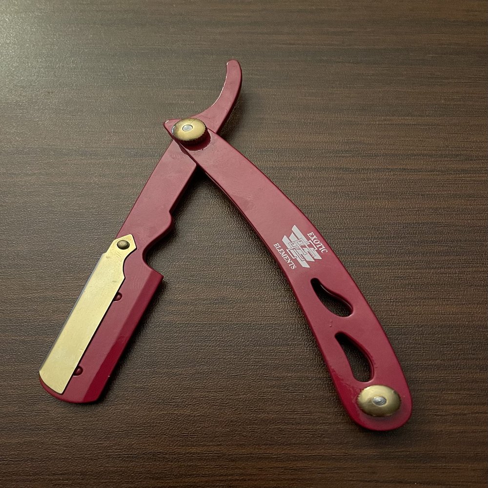 Red and Gold Cut Out Engraving Design Barber Straight Edge Razor Hair, Mustache, Eyebrows