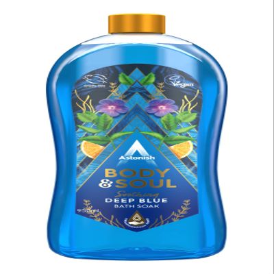 Astonish Body & Soul Soothing Deep Blue Bath Soak with Moisturizer 950ml Bottle Relaxing BubbleBath with Mandarin, Ginger, Mint & Sea Mist Scent Vegan, Cruelty-Free, Dermatologically Tested