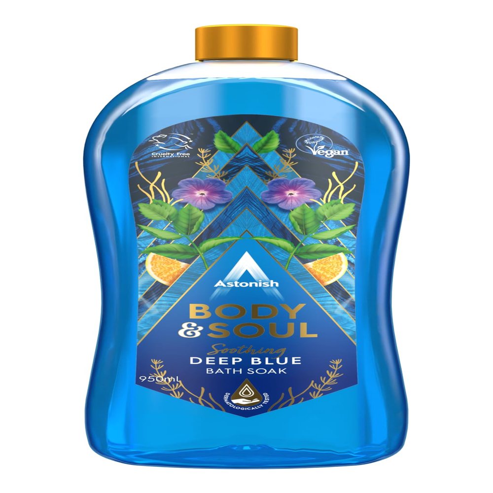 Astonish Body & Soul Soothing Deep Blue Bath Soak with Moisturizer 950ml Bottle Relaxing BubbleBath with Mandarin, Ginger, Mint & Sea Mist Scent Vegan, Cruelty-Free, Dermatologically Tested