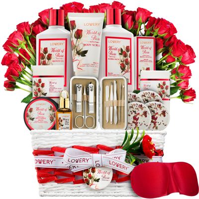 Christmas Gifts, Spa Gifts for Women, Bath and Body Gift Set, Red Rose Gift Basket, 35 Piece Stress Relief Spa Kit, Thank You, Birthday, Mom - Nail Care Kit, Body Scrub, Bubble Bath, Bath Bomb & More