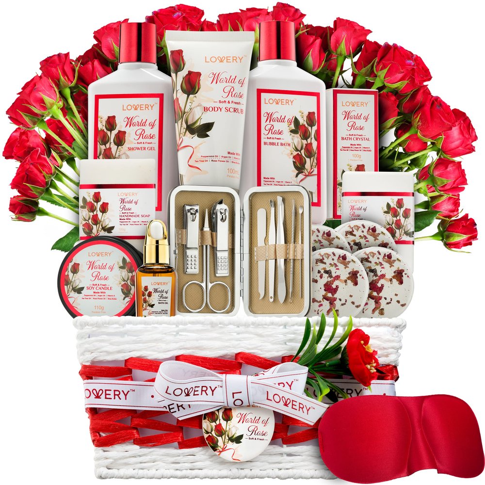 Christmas Gifts, Spa Gifts for Women, Bath and Body Gift Set, Red Rose Gift Basket, 35 Piece Stress Relief Spa Kit, Thank You, Birthday, Mom - Nail Care Kit, Body Scrub, Bubble Bath, Bath Bomb & More