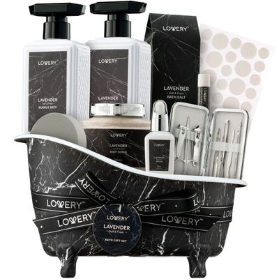 Christmas Gifts Basket, Lavender Bath Gift Set, Relaxation Spa Kit, Father Day Gifts for Dad, 18pc Self Care Gift Basket for Women Home Spa Birthday Gifts for Mom + Bubble Bath, Body Lotion & More