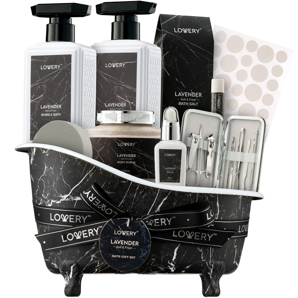 Christmas Gifts Basket, Lavender Bath Gift Set, Relaxation Spa Kit, Father Day Gifts for Dad, 18pc Self Care Gift Basket for Women Home Spa Birthday Gifts for Mom + Bubble Bath, Body Lotion & More
