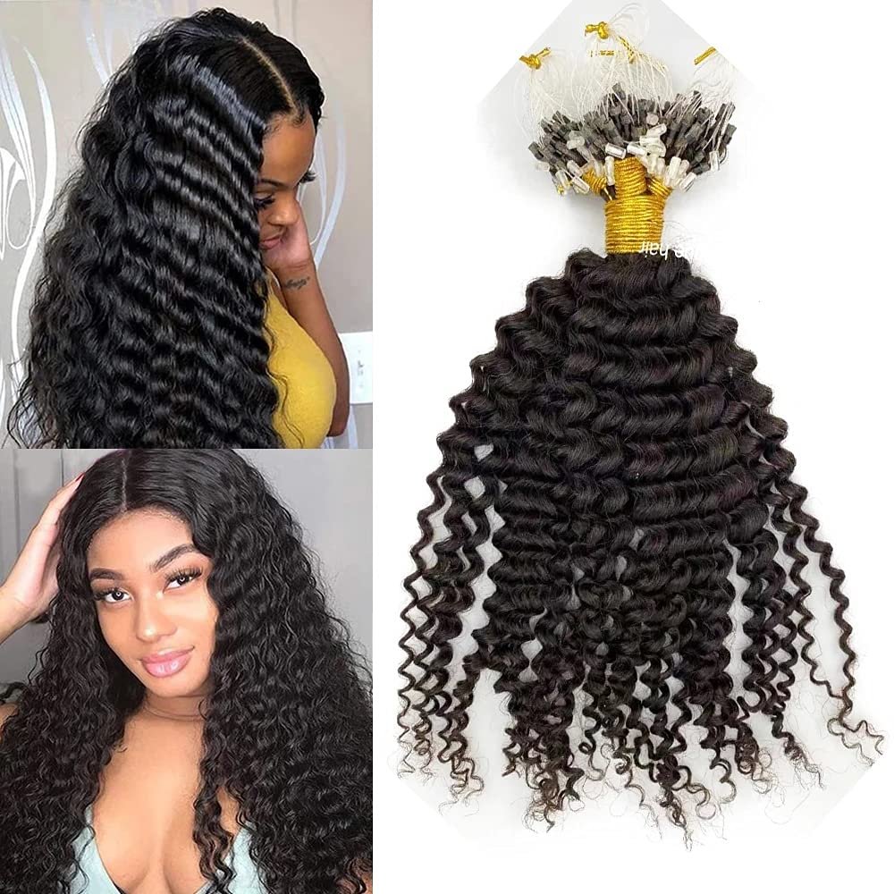 Deep Wave Micro Loop Human Hair Extensions Brazilian Virgin Hair Weave Bundles Micro Ring Extensions 1g/strand 100g/set (#1, 26inch)