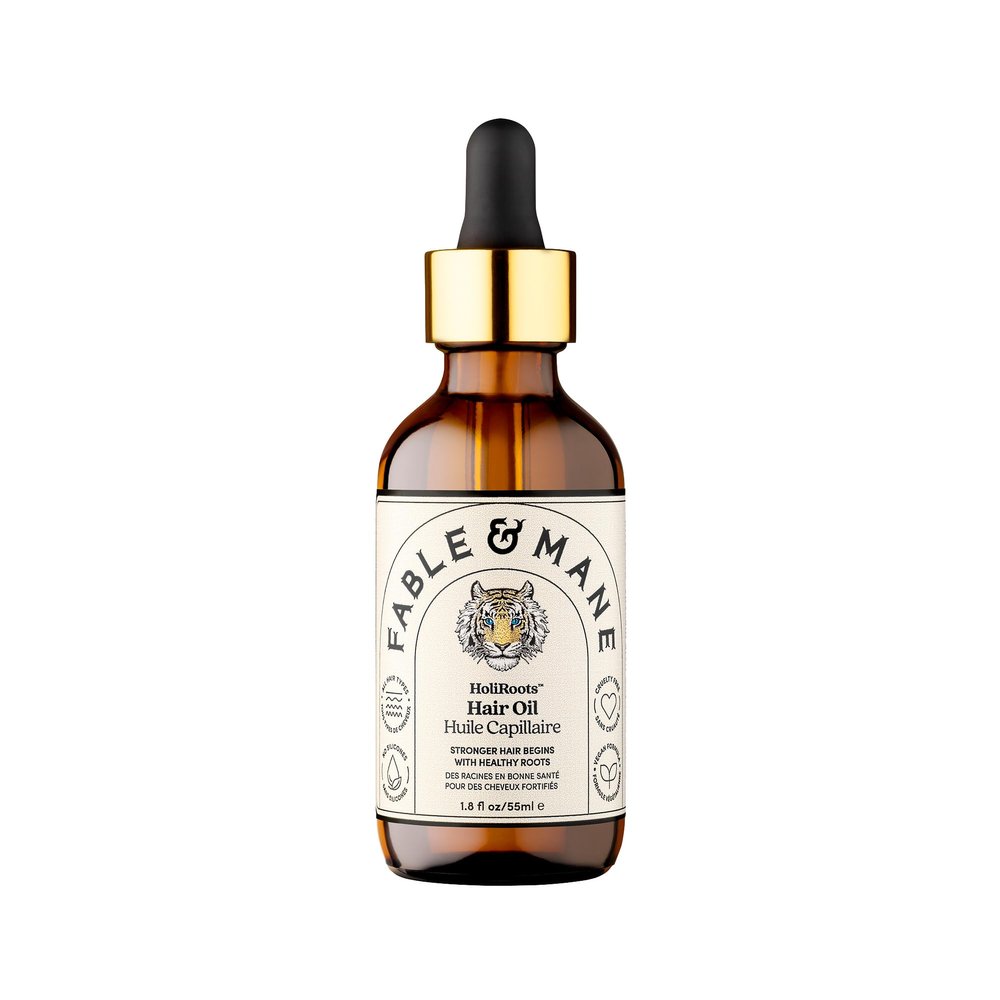 Fable and Mane Hair Oil - HoliRoots Strengthening Serum for Damaged, Frizzy Hair with Ashwagandha, Castor Oil & Scalp Treatment - 1.8FL oz