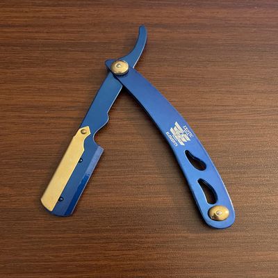 Blue and Gold Professional Shaving Hair Cutting Straight Edge Razor Cut Out Handle