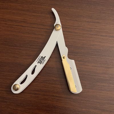 All Hair Types Barber Shaving Razor White and Gold Engraved Handle Straight Edge Razor