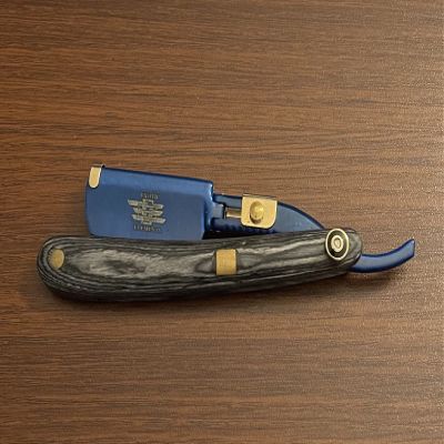 Blue and Black Wooden Full Blade Barber Straight Edge Razor Gold Exterior Stainless Steel