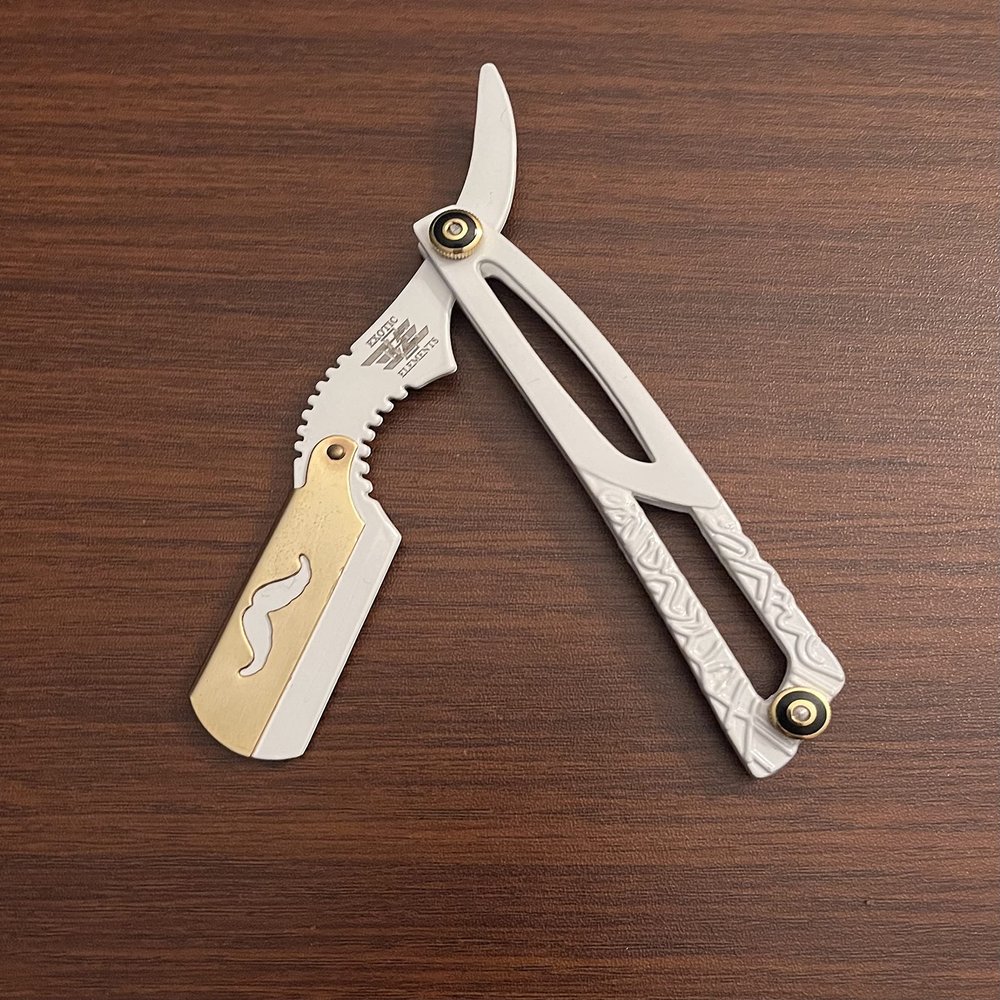 All Hair Types Straight Edge Razor White and Gold Premium Stainless Steel Engraved Textured Razor