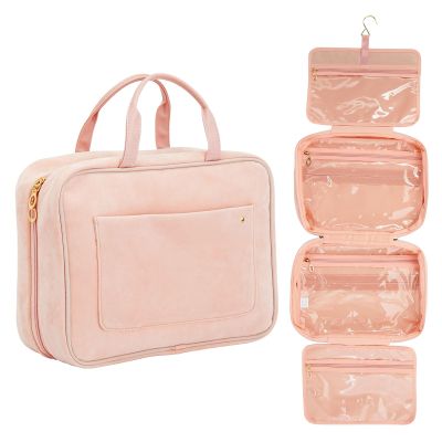 Glamlily Large Roll Up Hanging Toiletry Bag For Women, Pastel Pink Makeup Travel Organizer with S Hook for Cosmetics, Hair Accessories, Razors (13x4.5x9.75 In)