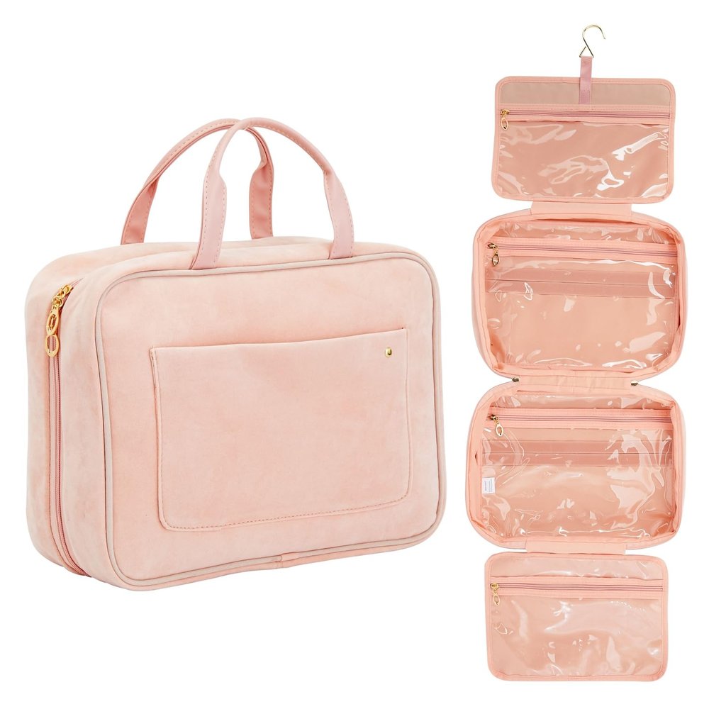 Glamlily Large Roll Up Hanging Toiletry Bag For Women, Pastel Pink Makeup Travel Organizer with S Hook for Cosmetics, Hair Accessories, Razors (13x4.5x9.75 In)