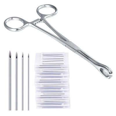 DJCIW Piercing Metal Clamps Forceps with 20Pcs Piercing Needles Surgical Stainless Steel Piercing Clamps for Belly Nipple Tragus Tongue Ear Piercing