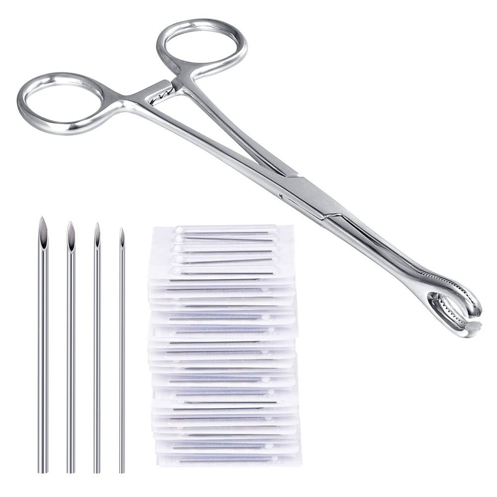 DJCIW Piercing Metal Clamps Forceps with 20Pcs Piercing Needles Surgical Stainless Steel Piercing Clamps for Belly Nipple Tragus Tongue Ear Piercing
