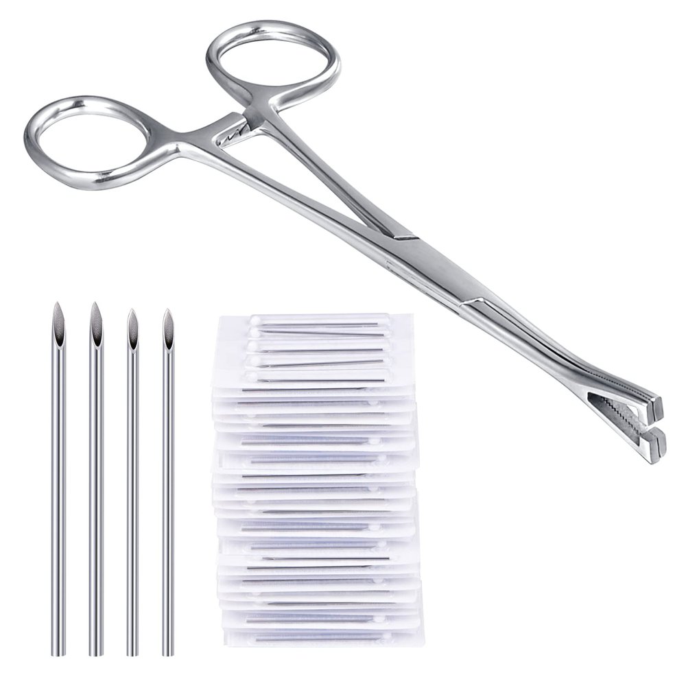 DJCIW Piercing Clamps with 20pcs Piercing Needles 14G 16G,Stainless Steel Triangle Slotted Metal Piercing Clamps Forceps for Belly Nipple Tongue Ear Piericng