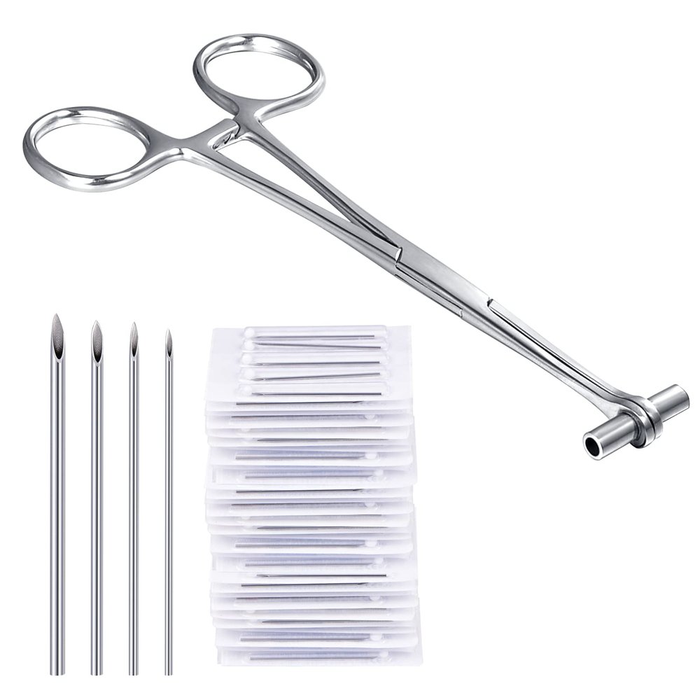 DJCIW Septum Piercing Clamps, 316L Stainless Steel Septum Forceps with 20Pcs Piercing Needles 14G 16G 18G 20G for Nose Septum Piercing