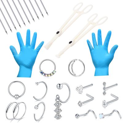 20G Nose Septum Piercing Kit, Septum Piercing Forceps Piercing Needles Kit Silver Nose Studs with Opal CZ for Septum Nose Ear Piercing