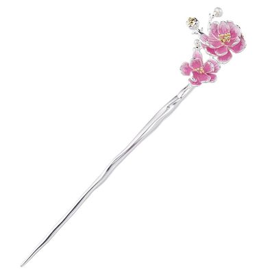 Hair Chopsticks for Women, Hair Sticks for Women Long Hair 925 Sterling Silver, Cloisonne Peach Blossom Pearl Hair Pin Handmade Antique Bright Silver Hair Bun Accessories for Girl,Cloisonne Pink