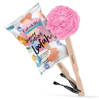 FABSKIN Luxury Back Bathing Loofah With Wooden Handle for Men and Women | Pack of 1 | Loofah For Back Bathing with handle | Back Bathing Loofah Brush | Back Scrubber for Bathing (Pink)
