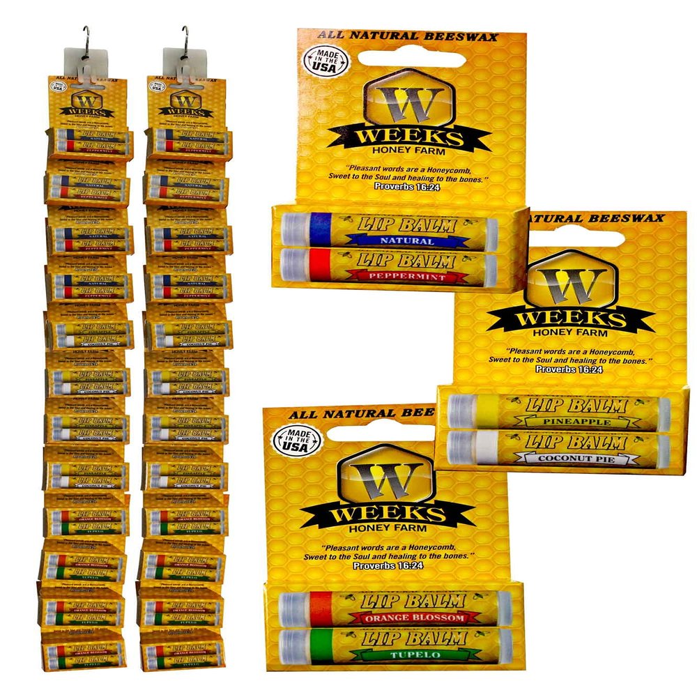 24 Count- Weeks Twin Packs All Natural Beeswax Lip Balm For Ultimate Hydration, Vitamin E, UV Protection, 100% Chemical Free. Made in USA.