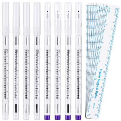 8 Pieces Microblading Marker Pen with Paper Ruler Skin Marker Eyebrow Permanent Makeup Position Mark Tools Markers Pen for Eyebrow Lips Skin (White and Purple,Single-Head)