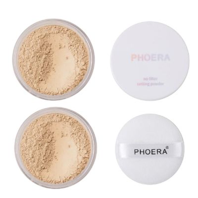 2 Pack PHOERA Setting Powder,Control Oil Brighten Skin Color Cover Blemish Whitening Face Makeup Lasting,Velour Powder Puff (102 Cool Beige)