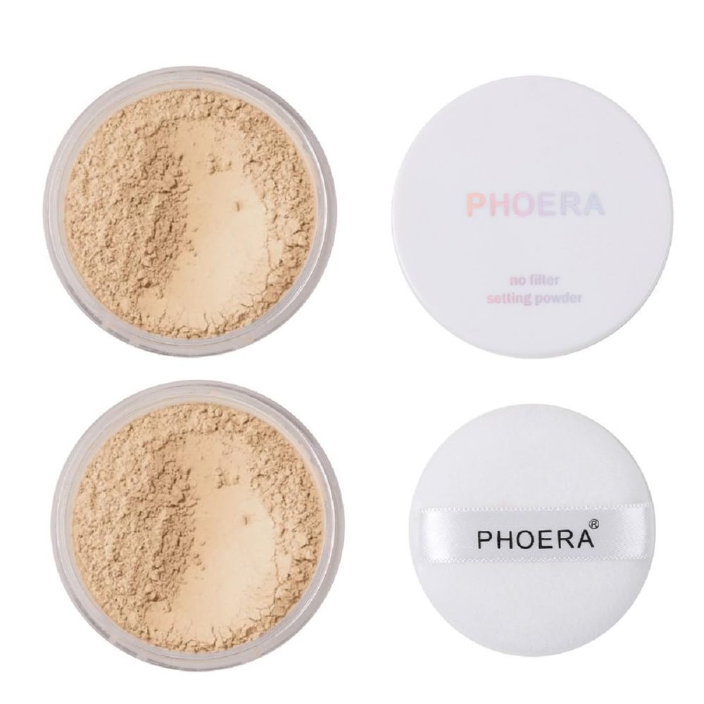 2 Pack PHOERA Setting Powder,Control Oil Brighten Skin Color Cover Blemish Whitening Face Makeup Lasting,Velour Powder Puff (102 Cool Beige)