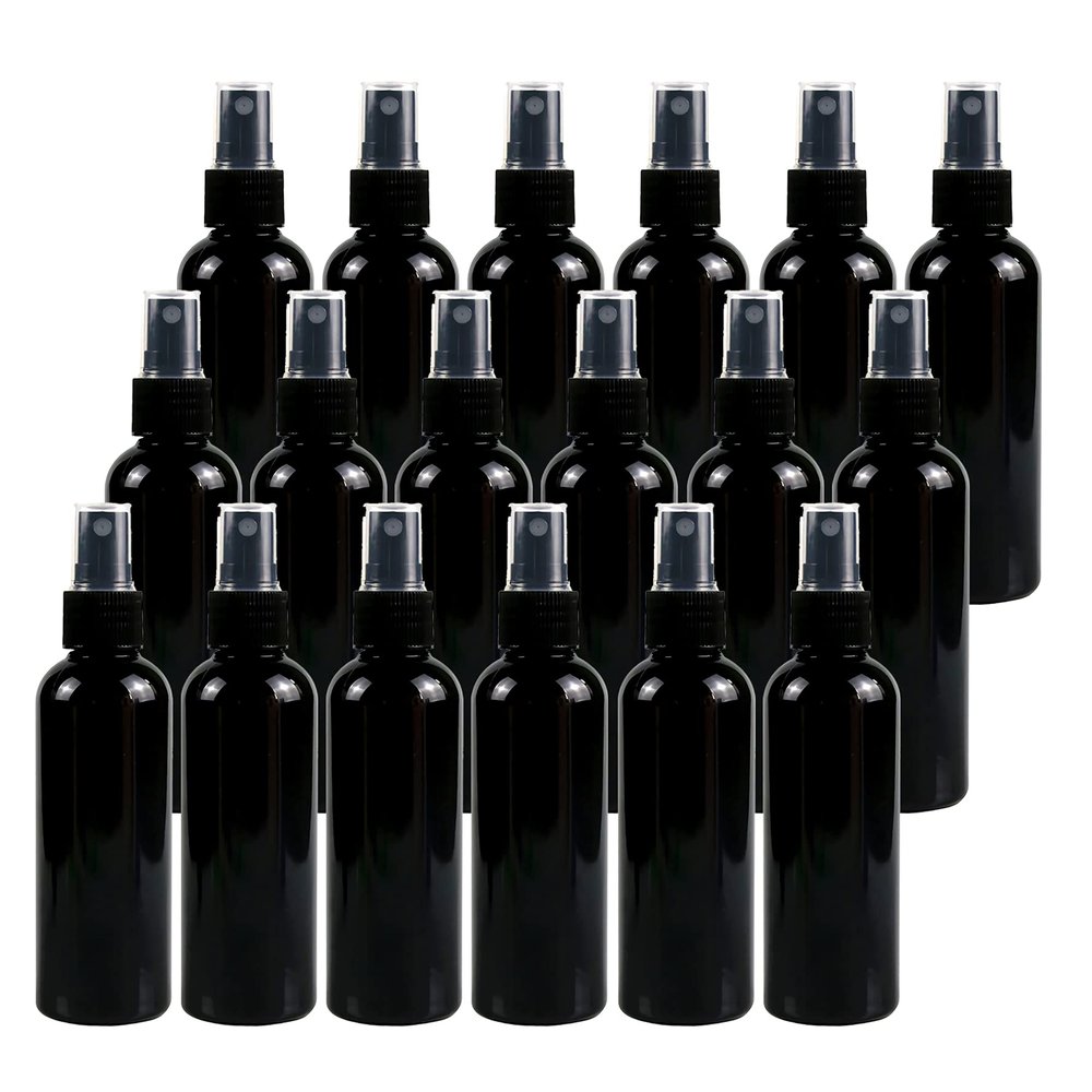 DLIBUY 24 Pcs Empty 100ml 3.3oz Black Plastic PET Fine Mist Pump Spray Bottles with Black Sprayer for Cosmetic Perfume Water-Based Products Refillable Travel Portable Containers, 2x Funnels
